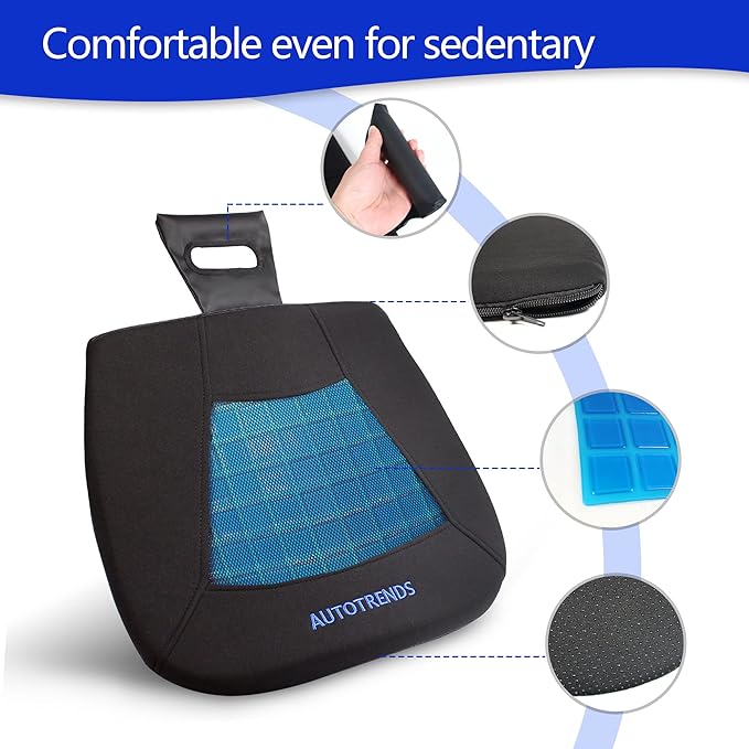 AUTOTRENDS Gel Seat Cushion Cooling Coccyx Orthopedic Breathable Car Seat Cushion Anti Slip Backing Mat, Black