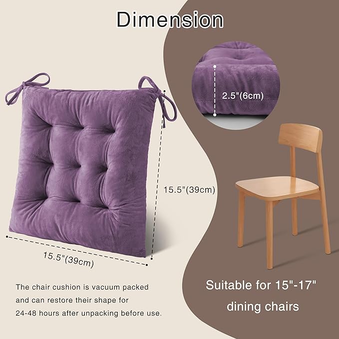 OVOV 1 Pack Chair Cushions for Dining Chairs Soft Seat Cushions for Kitchen Desk Chairs Square Chair Pads with Ties (15.5"x15.5" Purple)