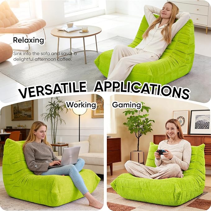 Trenda Bean Bag Chairs for Adults - Comfy High-Density Foam Fireside Chair, Adult Size, Soft Corduroy Cover Beanbag Couch, Versatile for Living Room, Bedroom, Dorm, Reading & Gaming (Neon Green)
