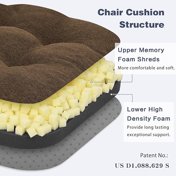 baibu Set of 4 Dining Chair Cushions, Dual-Layer Patent Design Memory Foam Kitchen Chair Cushions, Non-Slip Seat Pads with Ties, 16.5 x 16.5 x 3.5in, 4 Pack, Dark Brown