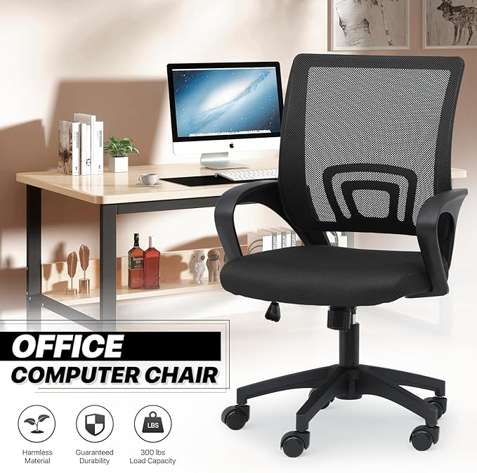 MoNiBloom Mesh Office Chair, Ergonomic Computer Chair for Adults, Rolling Swivel Mid-Back Desk Chair with Lumbar Support, Comfy Armrest for Home Office, Gaming, Black