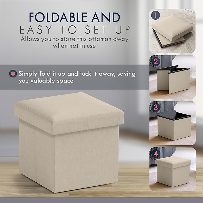 Ornavo Home Small Storage Ottoman, Set of 2 Foldable Collapsible Cube Square Linen Ottoman Foot Rest Stool Seat, for Living Room, Bedroom, Home Office, Dorm - 12 x 12 x 12, Beige