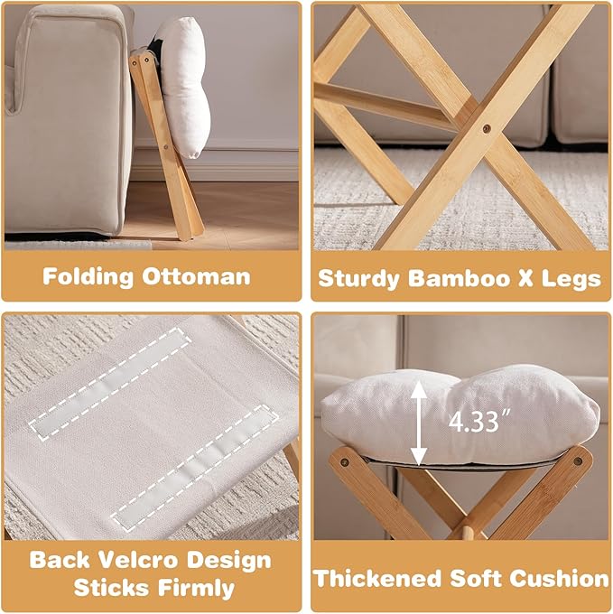 Baveke Ottoman Foot Rest- Bamboo Foldable Stool, Foot Stools Small Ottman with Upholstered & X Legs, Folding Stool for Makeup, Bedroom and Living Room (Large Beige)