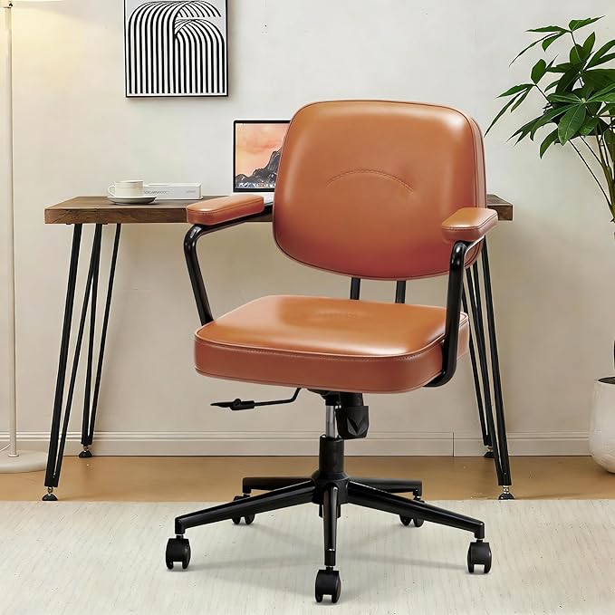 Ergonomic Office Chair, PU Leather Executive Desk Chair with Fixed Armrests, Adjustable Height, Rocking Function, 360° Swivel Rolling Wheels （Brown）