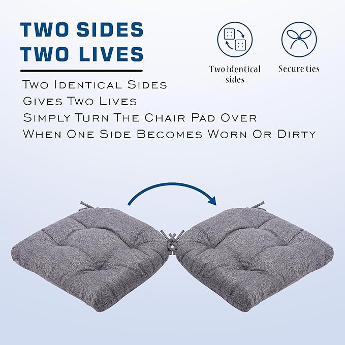 SQUARE MOON D-Shaped 3" Thick Chair Cushions, Chair Pads for Dining Chairs and Kitchen Chairs, Indoor Dining Room Seat Cushions with Ties, Machine Washable, 17" x 16" x 3", 4/Pack, Grey