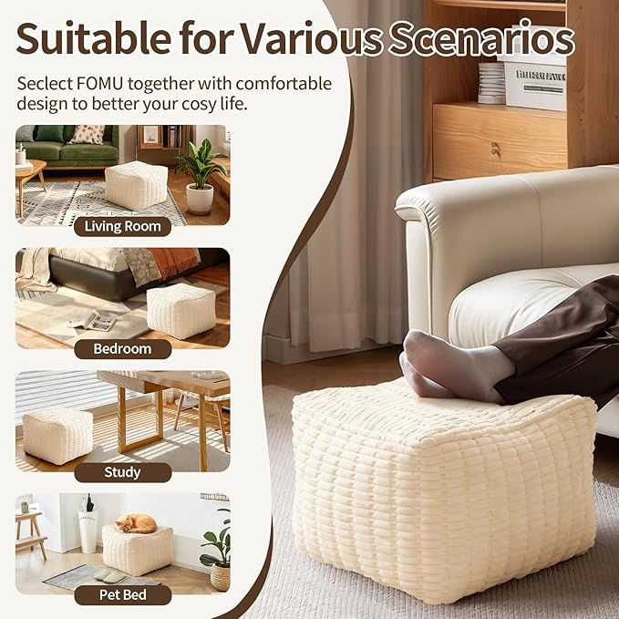 Pouf Ottoman, Soft Corduroy Pouf, Poofy Ottoman Foot Rest，Poufs for Adults, Poofs & Ottomans Furniture, Floor Poof-Chair for Living Room & Bedroom(1PC, Beige White, 26"×26"×16")
