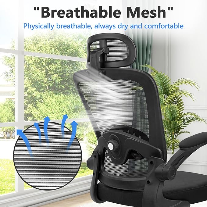 KLASIKA Desk Chairs with Wheels, Ergonomic Mesh Back Home Office Chair with Headrest, Adjustable Lumbar Support Swivel Rolling Computer Chairs with Flip Up Arms for Conference Meeting Room, Black, 2PK