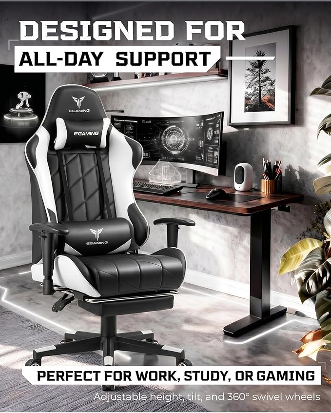 GTPLAYER Gaming Chair, Big and Tall Video Game Chair with High Back PU Leather, Home Office Ergonomic Computer Chair with Footrest, Adjustable Height, 360° Swivel Wheels for Adults and Teens