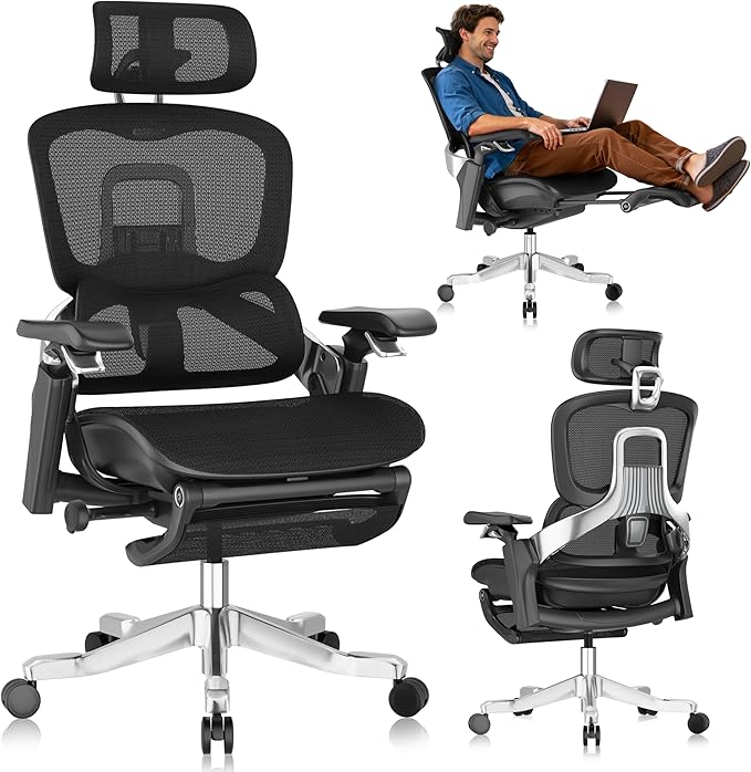 GABRYLLY Ergonomic Office Chair, Home Mesh Desk Chair with Sync Lumbar Support & Sliding Seat, 4D Arm, 150° Recline, Adjustable Back,Big & Tall Computer Chair-Footrest,Aluminum Base, Black, FLOW550