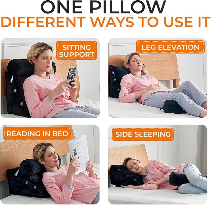 Cheer Collection Reading Wedge Pillow - Adjustable Wedge Reading Pillow with Neck Support, Hollow Fiber-Filled Backrest Pillow for Reading, Gaming, and TV Watching, Black