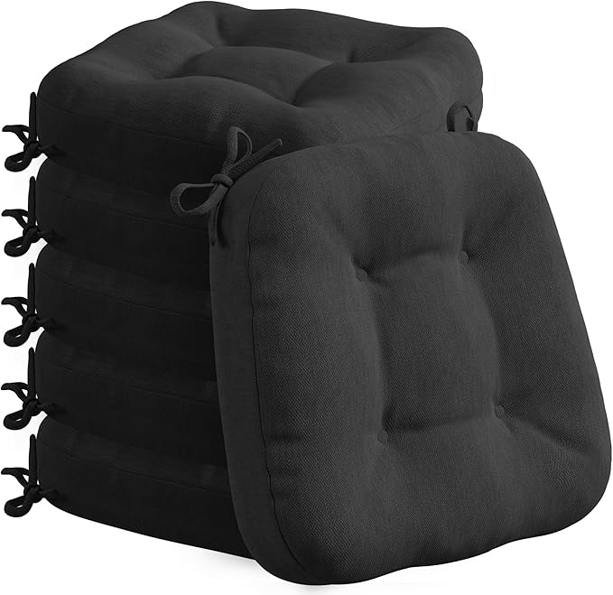 Codi 6 Pack Dining Chair Cushions, Thick Chairs Pads for Indoor Kitchen Room - Washable, Non-Slip Memory Foam Seat Cushion with Ties, 16.5"x16.5"x 3.5", Set of 6, Black New