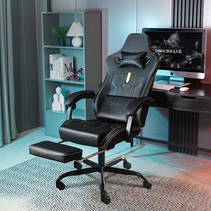 Gaming Chair with Footrest Ergonomic Computer Chair Massage Lumbar Cushion, Racing Video Game Chair Adjustable Rocker Recliner Executive Office Desk Chair Pu Leather for Adults