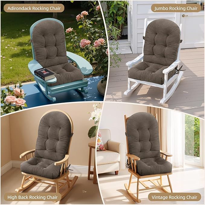 Rocking Chair Cushion - Plaid Corduroy Fabric, High-Density Sponge, Durable Comfort Non-Slip Bottom Tufted Seat Pads with Ties, Plaid Corduroy︱Beige Grey, 44x19x4 inch