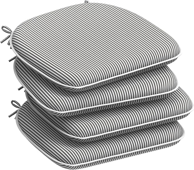 DYTXIII Set of 4 Outdoor Chair Cushions with Ties,Water Repellent Patio Chair Pads 17"x 16" for Outdoor Furniture,Round Corner Seat Cushions for Garden Yard Kitchen Stripe Gray
