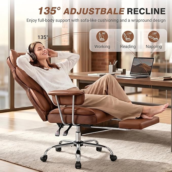 ALLGOD Office Chair Comfy, Big and Tall Executive Leather Chair, High Back Ergonomic Wide Chair with Footrest, Reclining Computer Desk Chair, Heavy Duty Gaming Chair with Padded Arm and Pillow, Brown