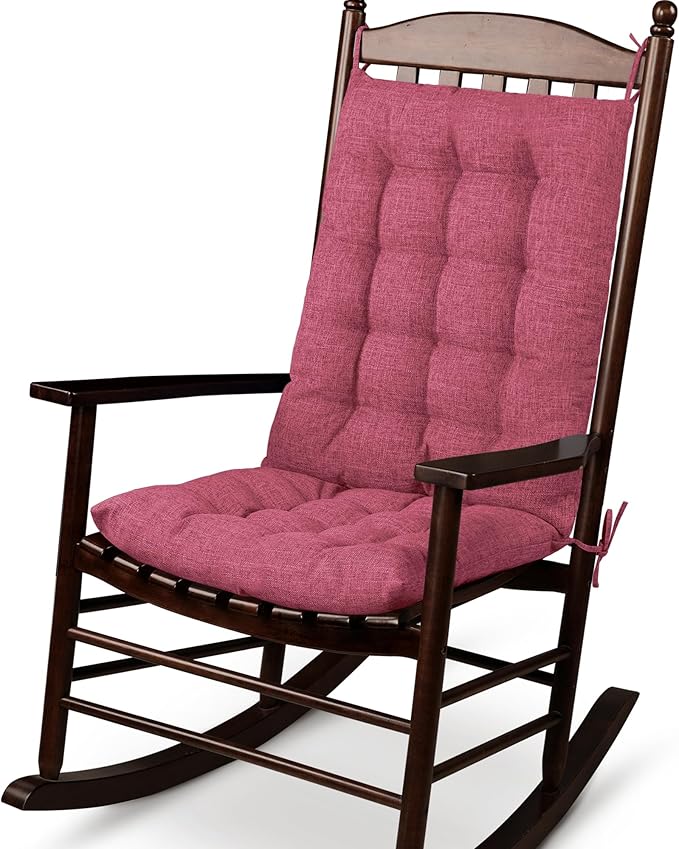 ELFJOY Rocking Chair Cushion Large Rocking Chair Pads with Ties Premium Linen High Back and Seat Cushion 2 Piece Set (Linen Rose Red)