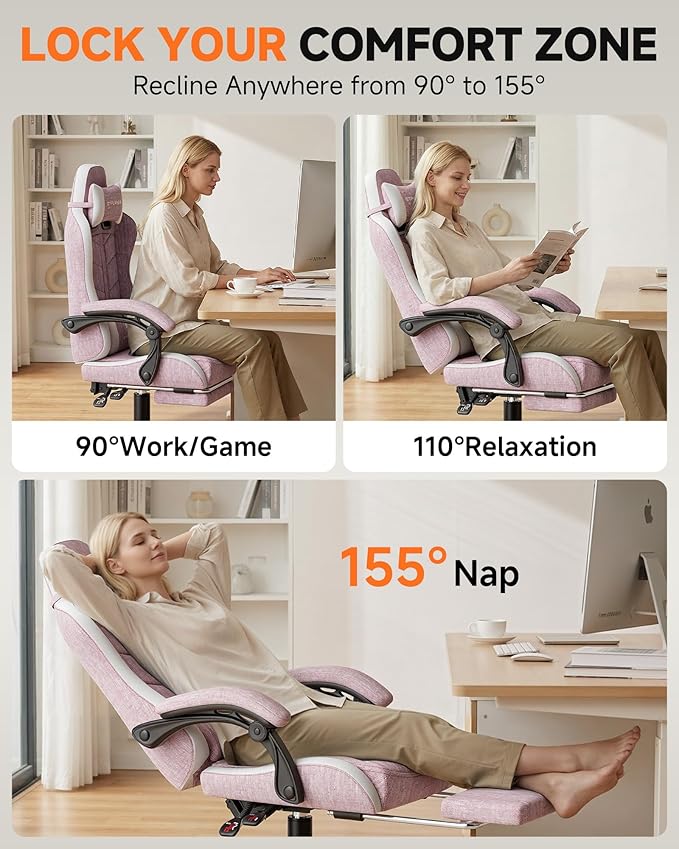 GTPLAYER Gaming Chair for Adults, Ergonomic Computer Gaming Chair with Footrest, Height Adjustable, 90-155° Recline & Removable Headrest Lumbar Support, Valentines Day Gift, Pink