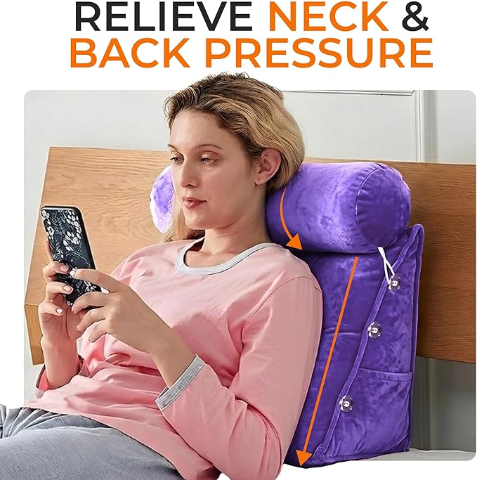 Cheer Collection Reading Wedge Pillow - Adjustable Wedge Reading Pillow with Neck Support, Hollow Fiber-Filled Backrest Pillow for Reading, Gaming, and TV Watching, Purple