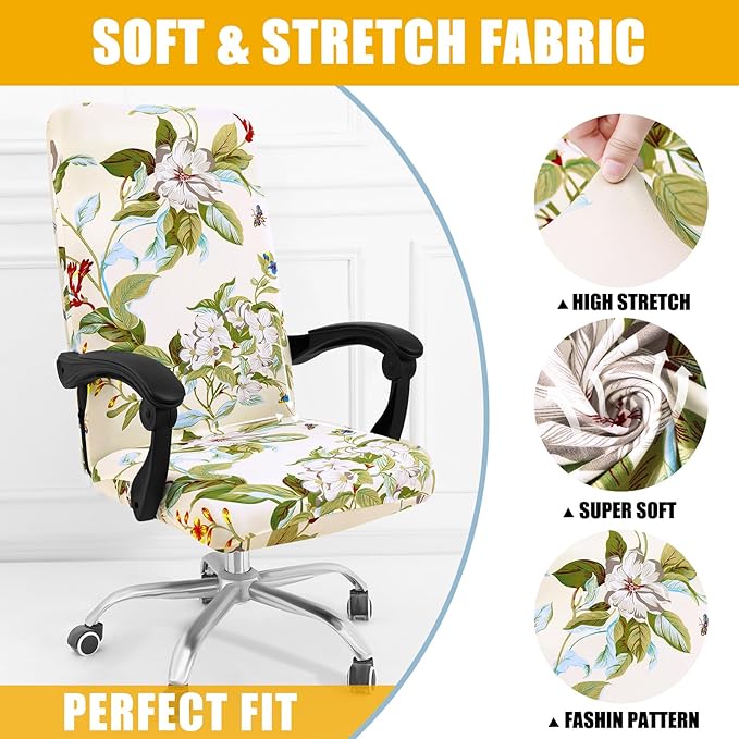 Smiry Stretch Printed Office Computer Chair Covers, Universal Desk Rotating Chair Slipcovers Removable Washable, Soft Fit Anti-Dust Spandex Protector Cover with Zipper, Beige and Green