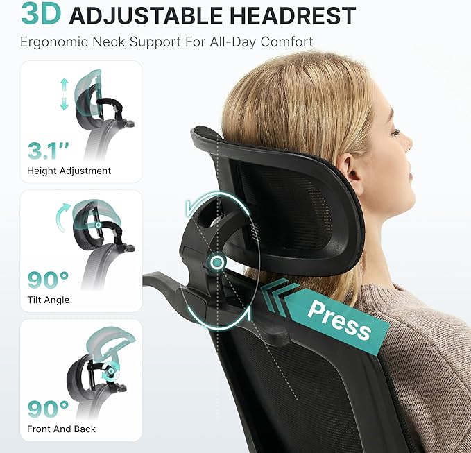 3PCS Ergonomic Office Chair Mesh Back Chairs - High Back Computer Chair with 3D Adjustable Headrest & Flip-up Arms, Comfort Desk Chair Lumbar Support for Home & Gaming