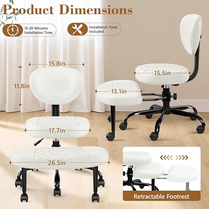 AtHope Ergonomic Cross Legged Office Chair with Wheels - Adjustable Height for Meditation, ADHD Desk & Yoga - Wide Criss Cross Design with Lumbar Support, Kneeling Chair - White