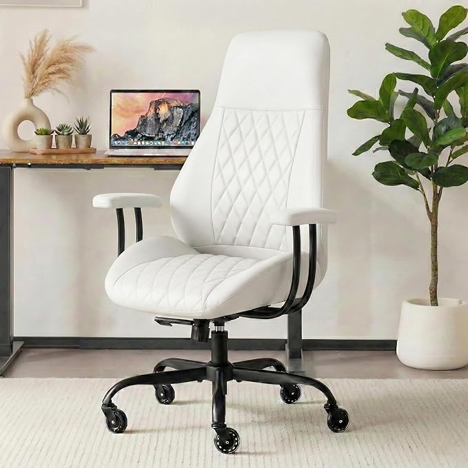 E-Motie Office Chair with Rubber Wheels, Ergonomic Computer Chair 500 lbs, Leather Desk Chair with Lumbar Support, Executive Chair Adjustable Height & Recline, White