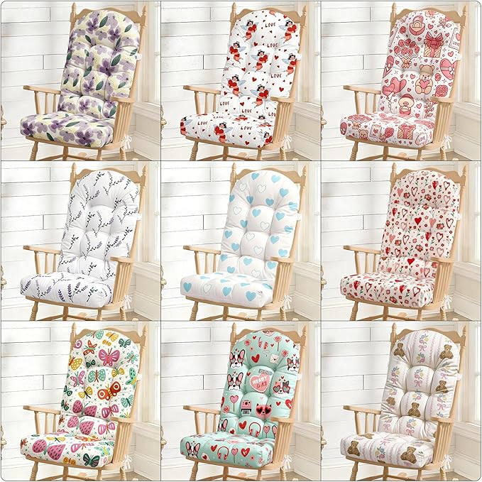 Rocking Chair Cushion, Personalized Design Printed Patterns/Fabrics, High-Density Sponge, Durable Comfort Non-Slip Bottom Tufted Seat Pads with Ties, 44x19x4 inch