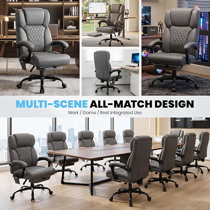 Massage & Heat Office Chair with Footrest, 400LBS Reclining Ergonomic Executive Chair for Big & Tall, High Back Home Office & Gaming Desk Chairs for Heavy People, Grey