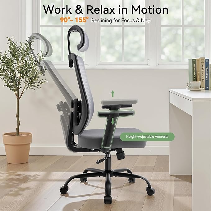 Ergonomic Office Chair, Office Desk Chair with High Back Mesh and Adjustable Lumbar Support, Rolling Work Chairs with Wheels and Adjustable Headrests, Wide Cushion, Set of 2, Grey
