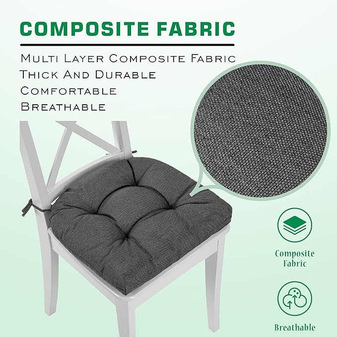 SQUARE MOON Chair Cushions for Dining Chairs, 3 Inch Thick Comfortable Kitchen Chair Pads, Dining Room Seat Cushions with Ties, Machine Washable, 17" x 16" x 3", 4/Pack, Dark Grey
