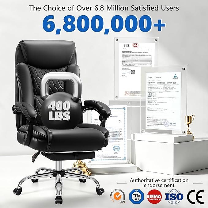 Big and Tall Office Chair 400lbs - Wide Memory Foam Seat with Spring Pack, Reclining Executive Desk Chair with Footrest, Ergonomic Heavy Duty High Back Computer Chair, Black