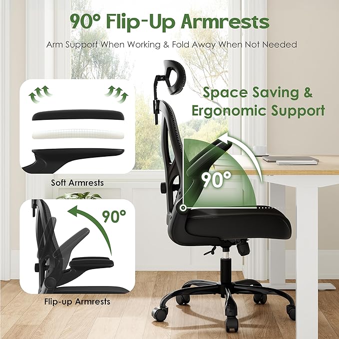 Office Chair Ergonomic Desk Chair - Mesh High Back Office Chair with Headrests Wheels Lumbar Support Home Desk Office Chairs Flip up Armrest Executive Rolling Computer Chair Black 10 Pack