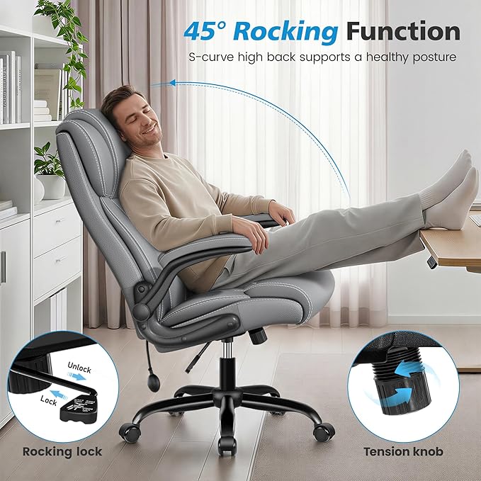 Ergonomic Office Chair – High Back Computer Desk Chair with Inflatable Lumbar Support & Flip-Up Arms, Heavy Duty PU Leather Executive Chair, Wide Seat, Long Hours, Light Gray