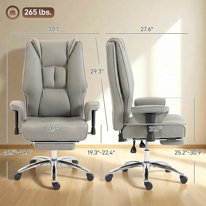 HOMCOM Ergonomic Executive Office Chair with Foot Rest, Reclining Swivel Computer Desk Chair with Adjustable Armrests, Spring Seat, High Back, Thick Cushion, Pet Friendly Faux Leather, Light Gray