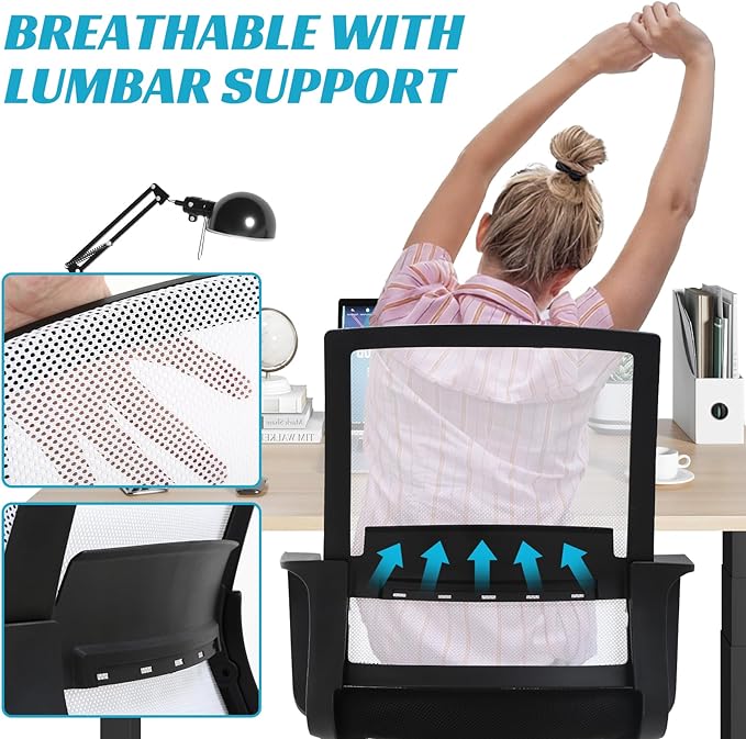 Ergonomic Office Chair, Breathable Mesh Desk Chair, Swivel Computer Chair with Wheels & Adjustable Height & Comfort Seat for Home Office, Gaming Room, White