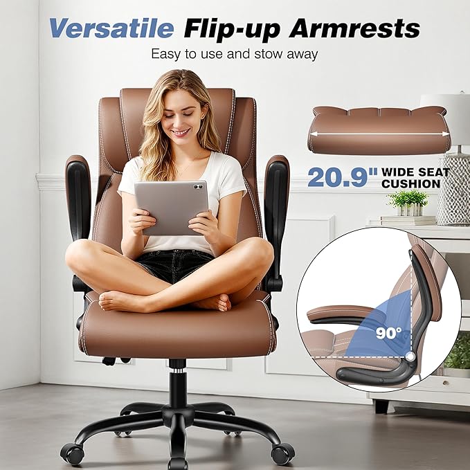 BESTFAIR Ergonomic Office Chair - Desk Computer Chair, Leather High Back Executive Chairs with Adjustable Lumbar Support & Flip Up Arms, Brown 2 Pack