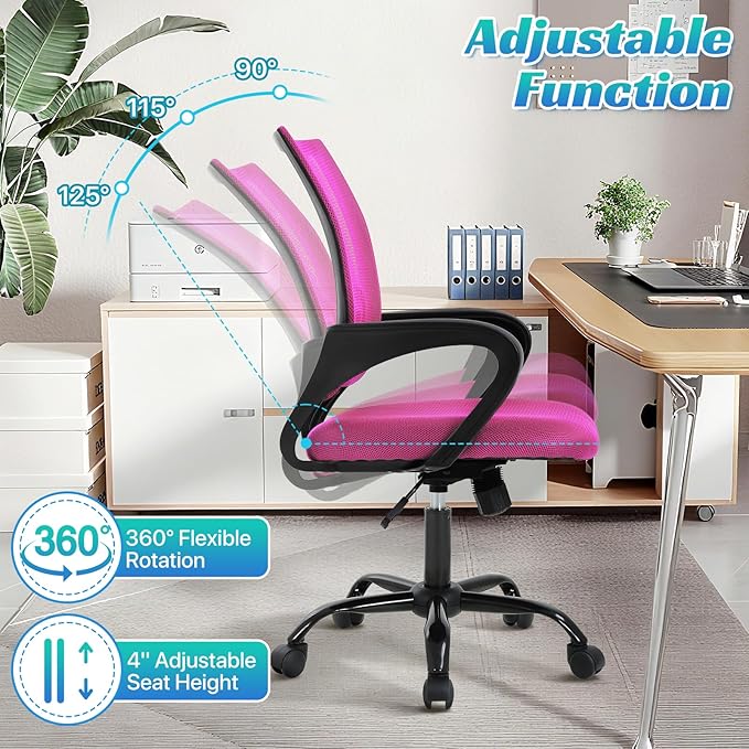 Ergonomic Office Chair Mesh Mid Back with Lumbar Support Armrest, Adjustable Home Desk Chair Comfy Computer Task Drafting Rolling Swivel Chairs for Gaming, Home Work, Study, Pink