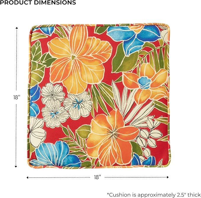 Outdoor 18 inch Square Patio Dining Chair Pads – Comfortable Fiber-Filled Seat Cushions with Ties, Reversible Polyester Fabric - Aloha Red Floral, Set of 2