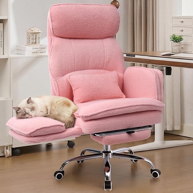 Big and Tall Office Chair with Flip Armrests, Cross Legged Office Chair with Storage Pockets, Comfortable Reclining Computer Chair with Foot Rest, Wide Home Desk Chair, Teddy Fleece, Pink