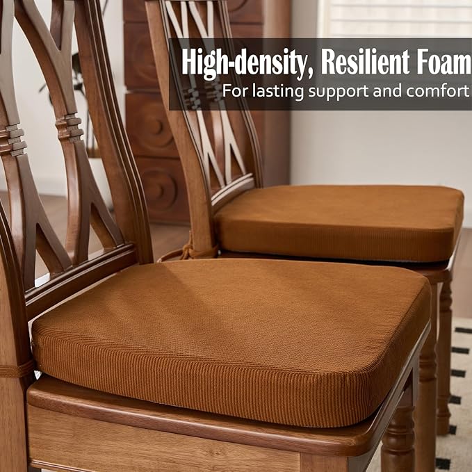 2'' Thick High-Density Foam Indoor Chair Cushions | Dining Chair Pads with Ties, Removable Washable Cover, Kitchen Chair Cushions 17"x16", Orange Brown 2 Pack