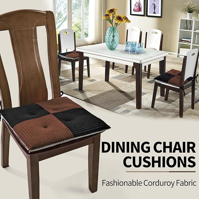Office Stacking Chair Cushions 4 Pack, Corduroy High Density Foam Kitchen Seat Cushions with Ties, Square 17" x 17" Indoor Non-Slip Dining Chair Pads, Black+ Brown, 4pcs