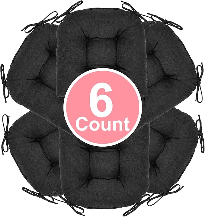 Chair Cushion, Chair Cushions for Dining Chairs, Chair Pads and Mat with Ties for Indoor Kitchen Seat and Desk (Black, 6 Count - 17 x 16 in)