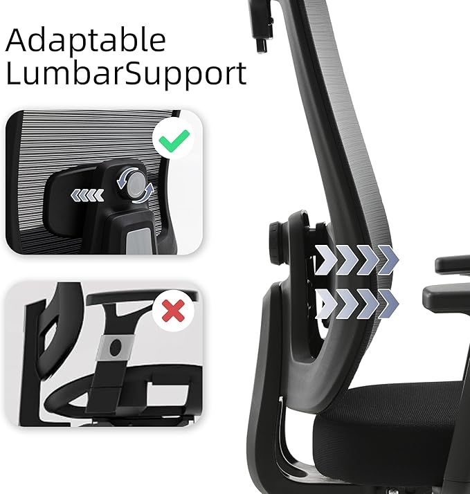 Ergonomic Mesh Office Chair with Headrest, Comfortable Desk Chair for Long Sitting, Breathable Computer Chair with Flip-Up Arms, Adjustable Swivel Chair for Home Office Work Study, Black