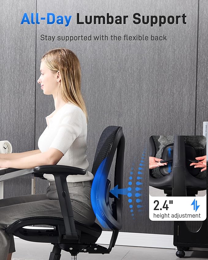 amseatec Ergonomic Office Desk Chair, Comfortable Computer Gaming Chair, Breathable Mesh Back & Seat, Adjustable Armrest, Lumbar Support, Butterfly Design for Home Office (Black)