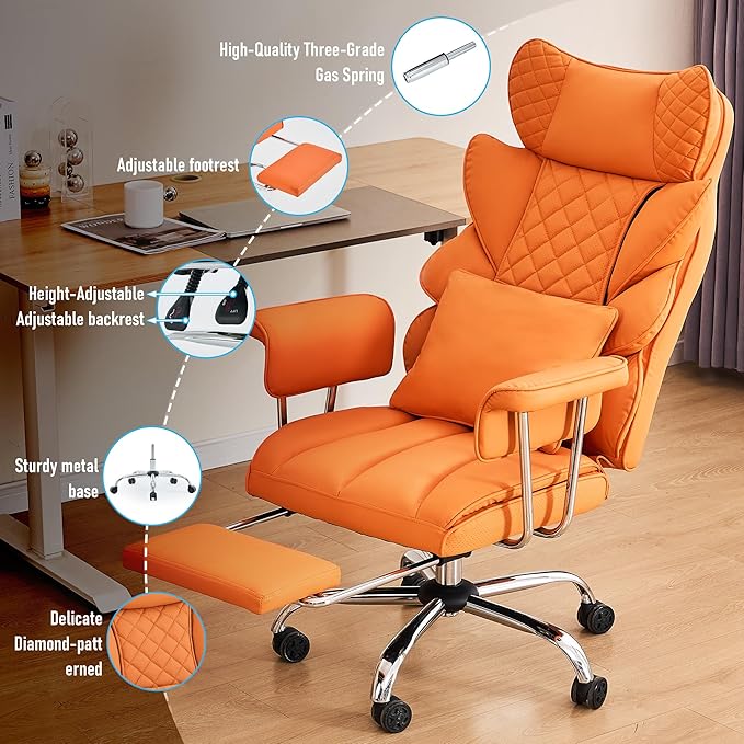 DYHOME 500 Lbs Kneading Massage Office Chair with Foot Rest, Ergonomic Reclining Home Computer Chair, High Back Thick Cushion Big & Tall Office Chair, Comfy Leather Heavy Duty Executive Chair, Orange