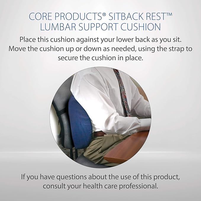 Core Products Sitback Rest Cushion Lumbar Support for Lower Back & Office Chair, Adjustable Strap Contoured Foam, Black - 13" x 14" x 5", Made in the USA
