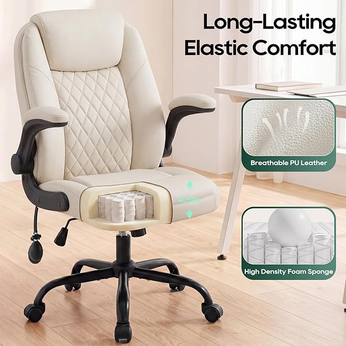 MALOL Leather Office Chair, Home Desk Chair with Adjustable Lumbar Support, Thick Cushion, Flip-Up Arms and Ergonomic Back, Comfy Executive Office Chair for Home Office,Beige