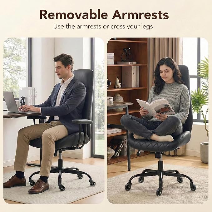 E-Motie Office Chair with Rubber Wheels, Ergonomic Computer Chair 500 lbs, Leather Desk Chair with Lumbar Support, Executive Chair Adjustable Height & Recline, Black