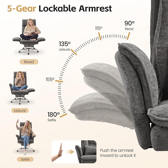 Big and Tall Office Chair, Cloud Reclining Office Chair with Footrest & Flip Armrest for Pets, Executive Ergonomic Criss Cross Desk Chair, Swivel Gaming Chair with Lumber Pillow, Chenille Light Grey