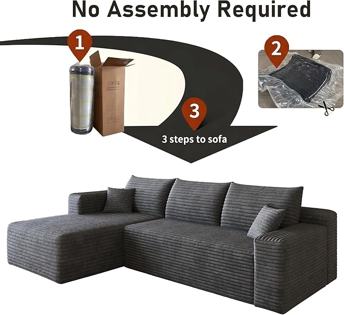 94" Darkgrey Boneless Couch with Left Facing Chaise for Living Room,Corduroy L-Shaped Sectional Couches,Compressed Memory Foam Cloud Sofa,No Assembly Required,Darkgrey